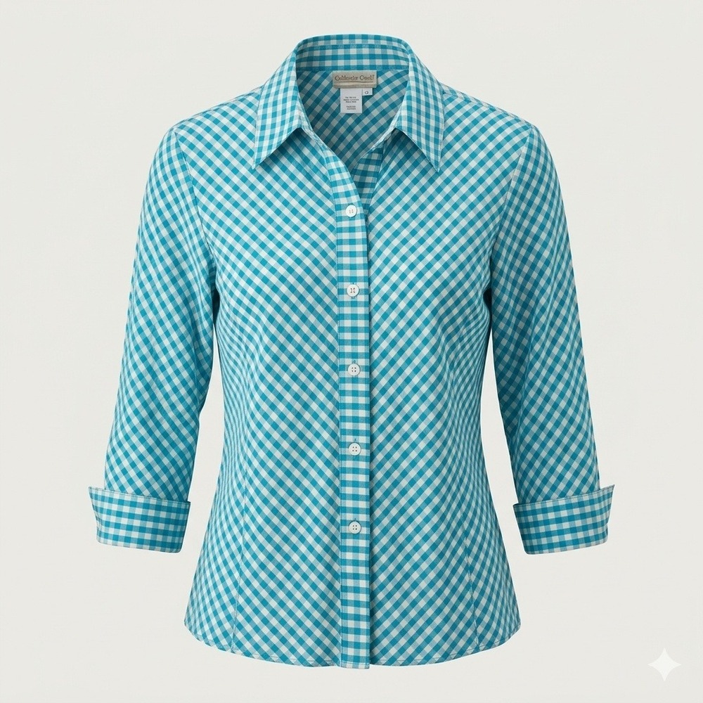 Coldwater Creek Y2K 100% Silk Gingham Button Up Collar Shirt Blue White Womens L